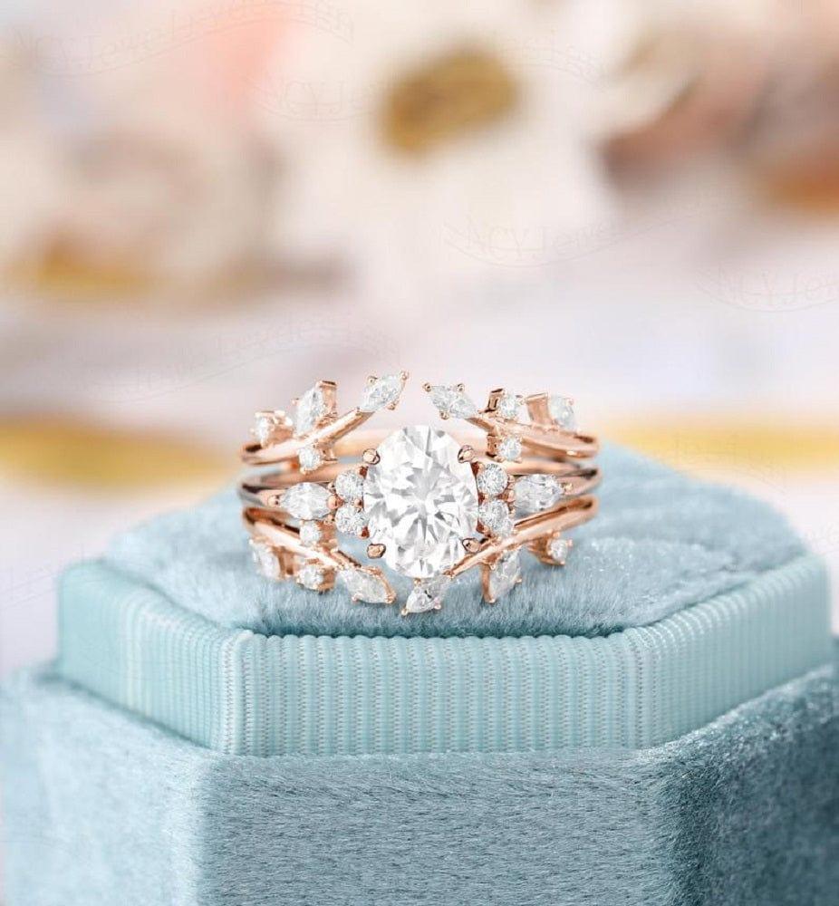 1.00CT Oval set Leaf Vintage Enhance Wedding Band Cluster Moissanite Engagement Ring - JBR Jeweler