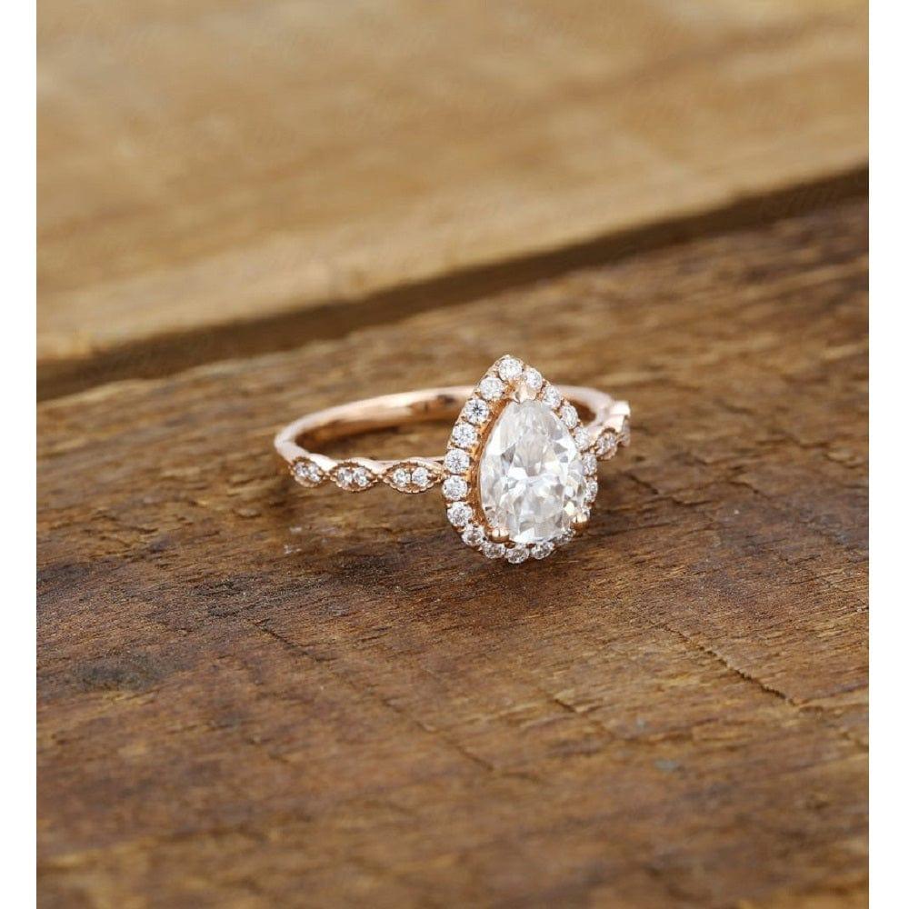 1.00CT Pear Cut Rose Gold Halo Set Milgrain Moissanite Engagement Ring For Women - JBR Jeweler