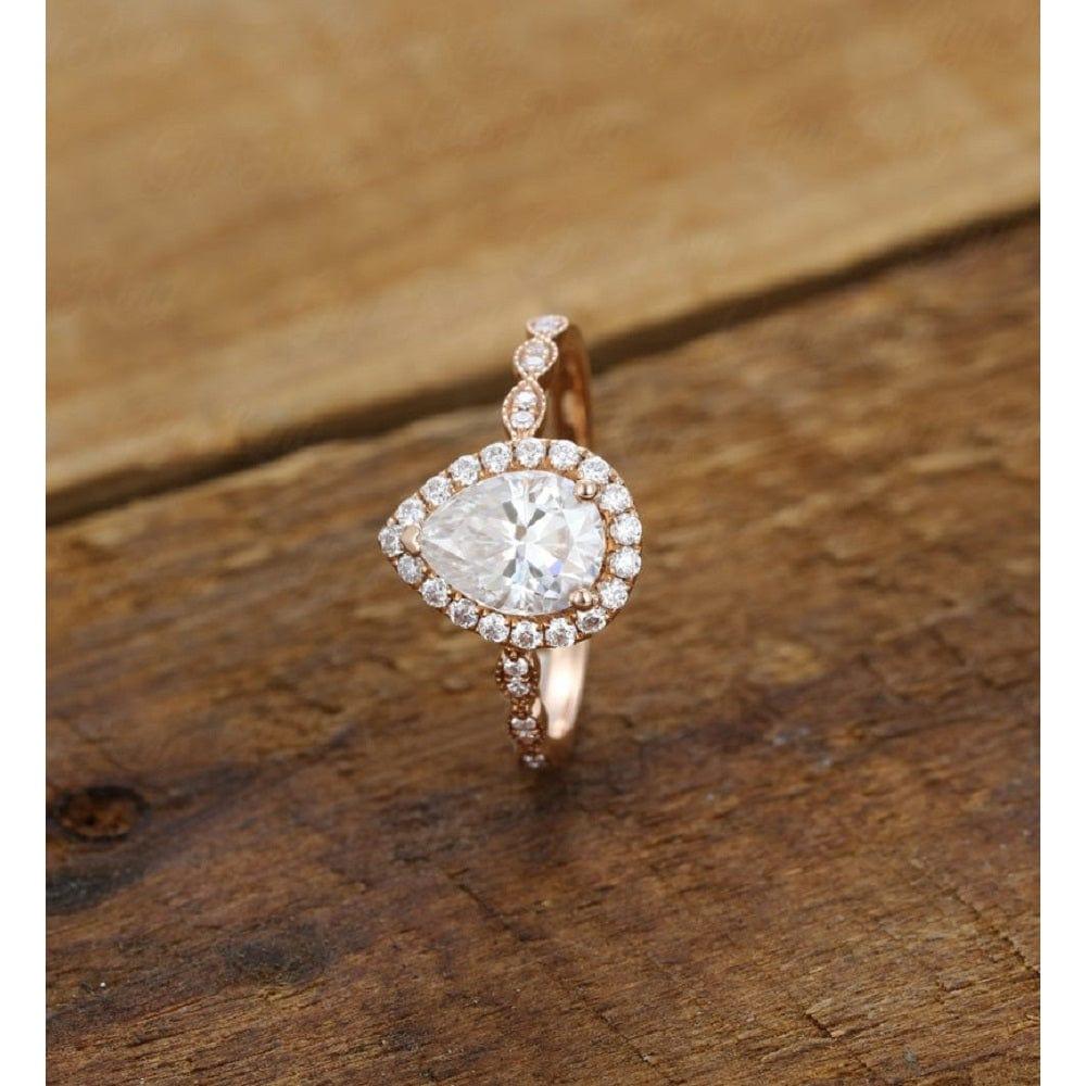 1.00CT Pear Cut Rose Gold Halo Set Milgrain Moissanite Engagement Ring For Women - JBR Jeweler