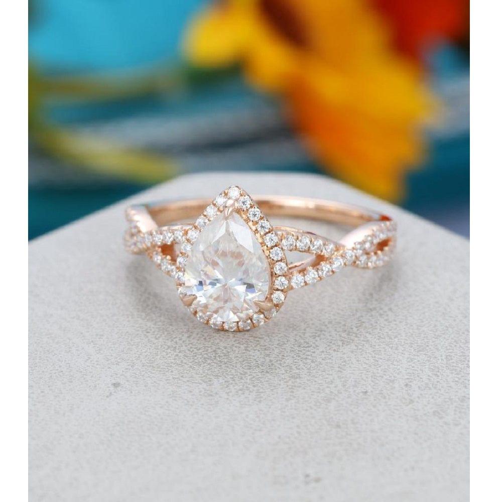 1.00CT Pear Cut Rose Gold Halo Set Twisted Diamond Moissanite Engagement Ring - JBR Jeweler