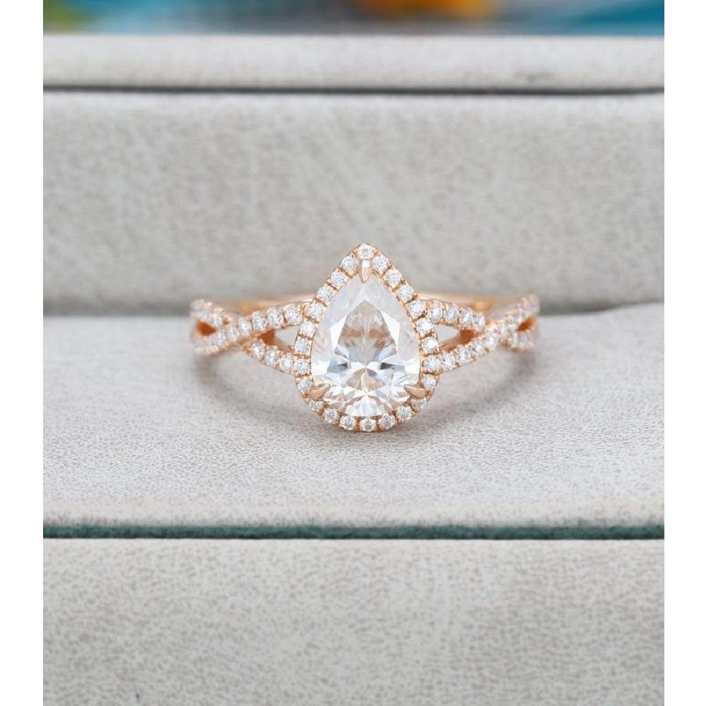 1.00CT Pear Cut Rose Gold Halo Set Twisted Diamond Moissanite Engagement Ring - JBR Jeweler