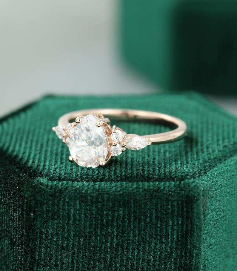 1.00CT Pear Cut Rose Gold Unique Cluster Moissanite Engagement Ring - JBR Jeweler