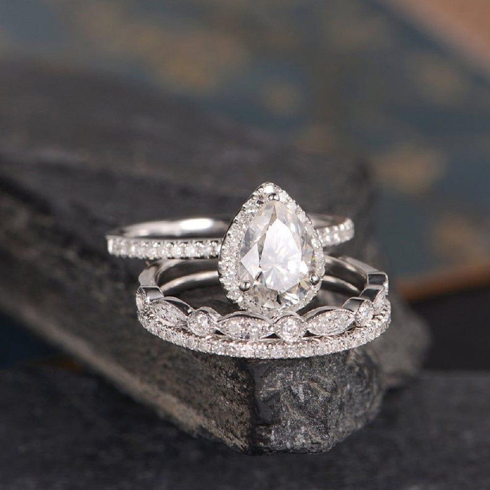 1.00CT Pear Cut White Gold Bridal Set Diamond Halo Antique Moissanite Engagement Ring - JBR Jeweler