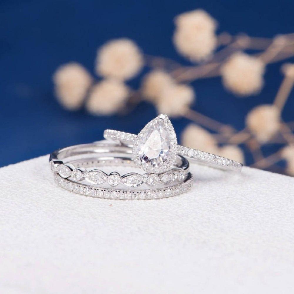 1.00Ct Pear Cut White Gold Halo Moissanite Engagement Ring 3PCS Wedding Bridal Set - JBR Jeweler