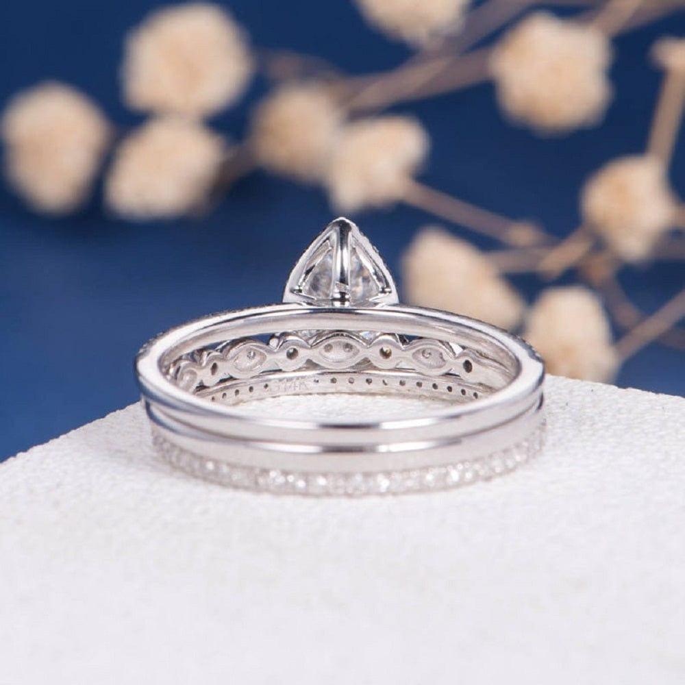 1.00Ct Pear Cut White Gold Halo Moissanite Engagement Ring 3PCS Wedding Bridal Set - JBR Jeweler