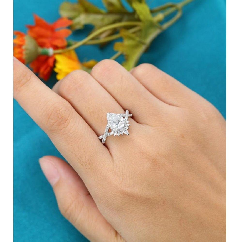 1.00CT Pear Cut White Gold Unique Halo Twisted Moissanite Engagement Ring For Women - JBR Jeweler