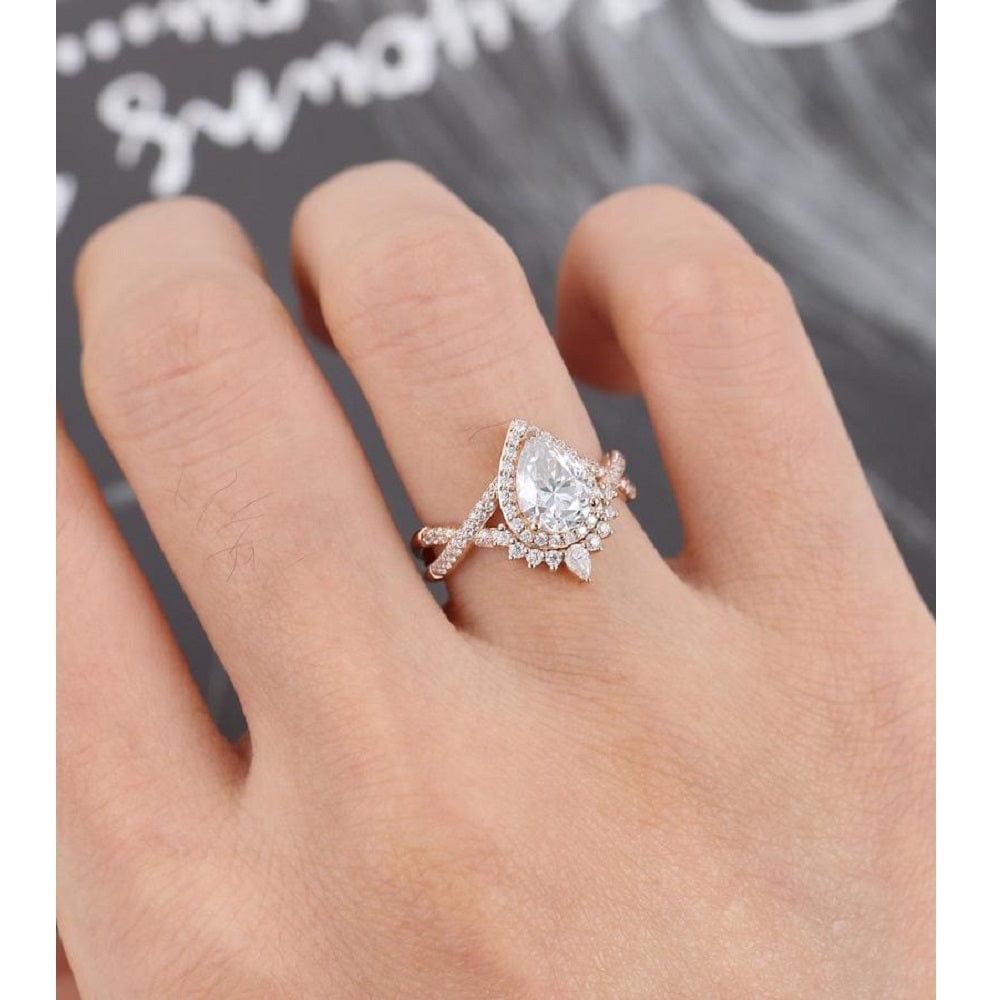 1.00CT Pear Cut White Gold Unique Halo Twisted Moissanite Engagement Ring For Women - JBR Jeweler