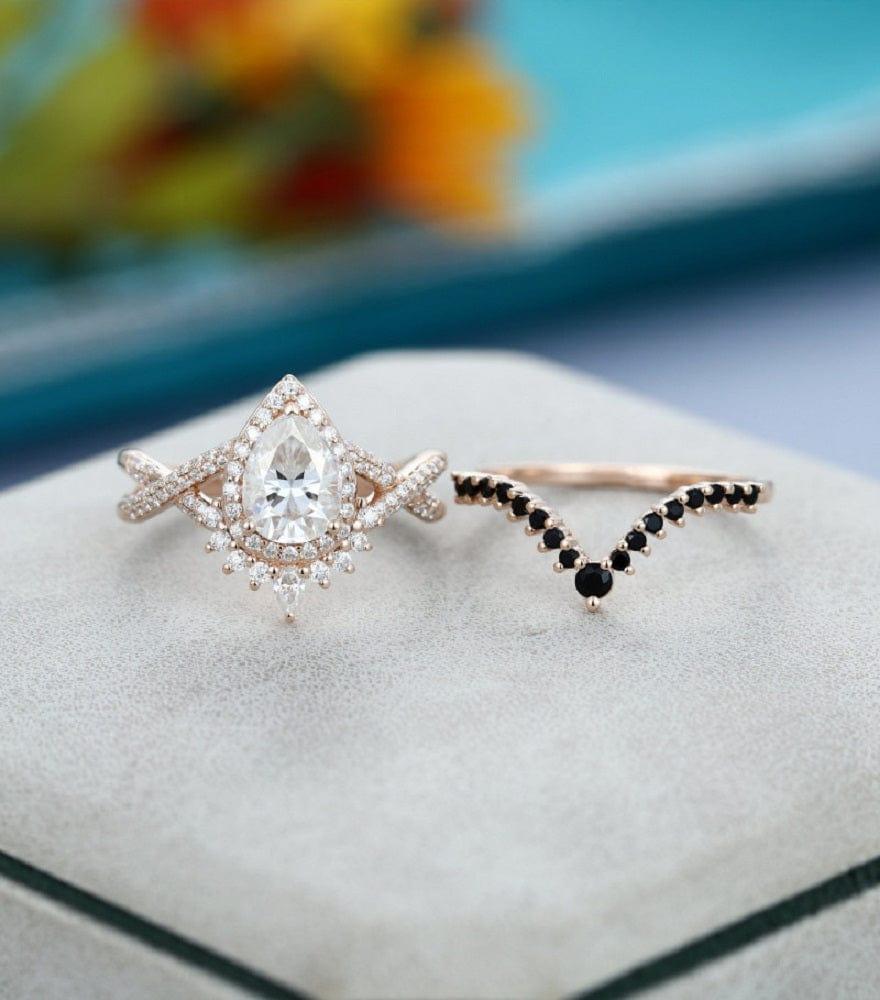 1.00Ct Pear shaped Rose gold Women Vintage Curved Band Moissanite Engagement Ring Set - JBR Jeweler