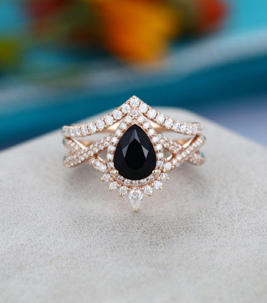 1.00CT Pear shaped Unique Rose gold Curved Band Black Moissanite engagement ring - JBR Jeweler