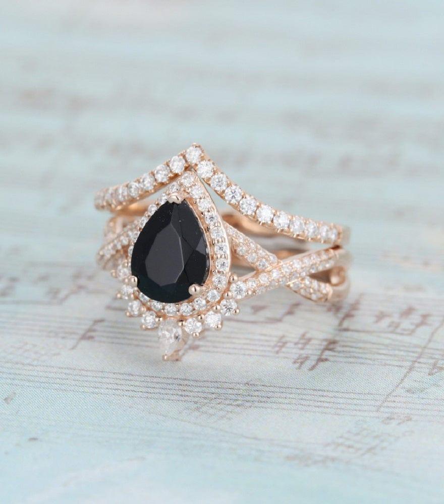1.00CT Pear shaped Unique Rose gold Curved Band Black Moissanite engagement ring - JBR Jeweler