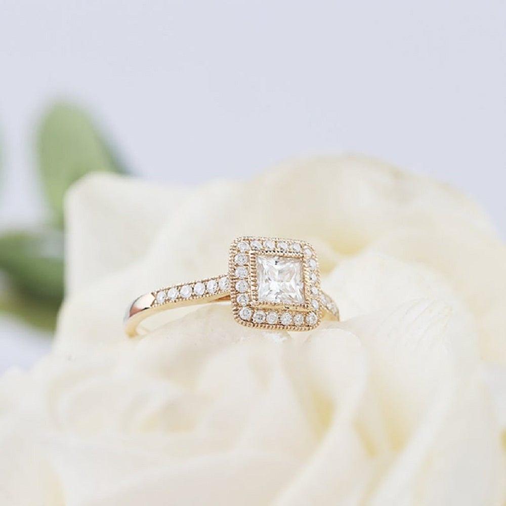 1.00CT Princess Cut Yellow Gold Vintage Halo Set Moissanite Engagement Ring - JBR Jeweler