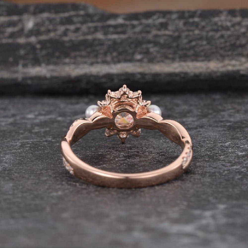 1.00Ct Rose Gold Pearl Floral Cluster Twist Halo Round Moissanite Engagement Wedding Ring - JBR Jeweler