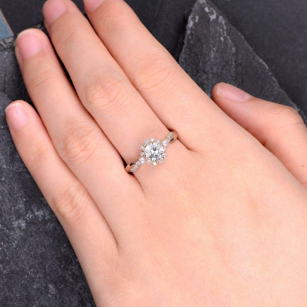 1.00Ct Rose Gold Pearl Floral Cluster Twist Halo Round Moissanite Engagement Wedding Ring - JBR Jeweler