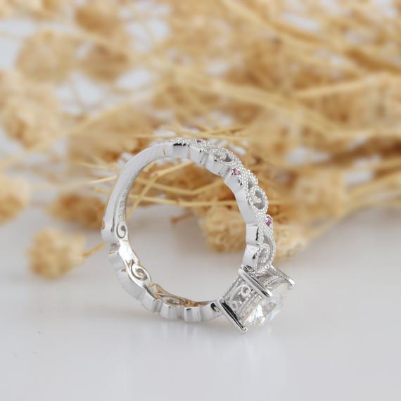 1.00CT Round Cut 4 Prongs Vintage Milgrain Moissanites Engagement Anniversary Ring - JBR Jeweler