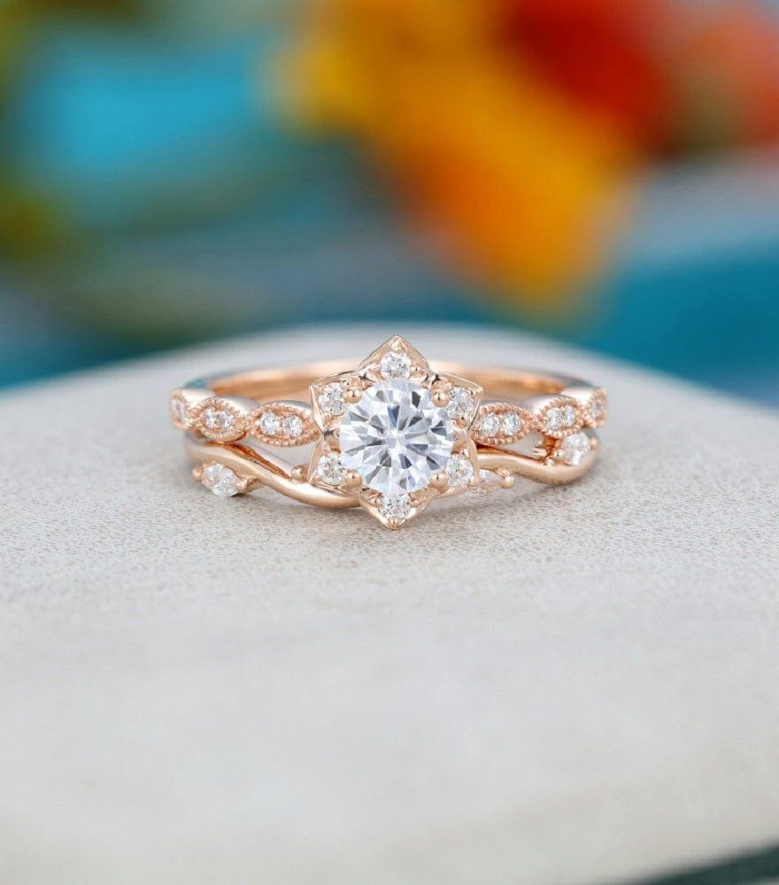 1.00CT Round Cut Flower Rose gold Vintage Eternity Marquise wedding Bridal Moissanite Engagement Ring Set - JBR Jeweler