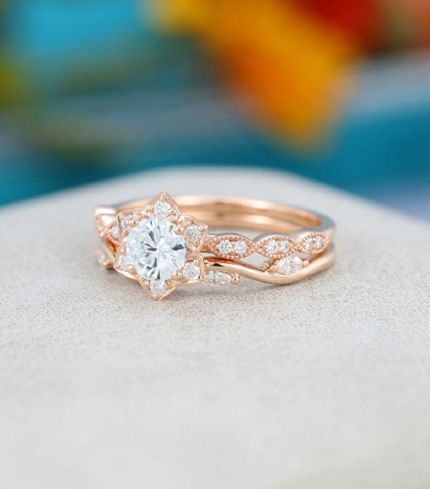 1.00CT Round Cut Flower Rose gold Vintage Eternity Marquise wedding Bridal Moissanite Engagement Ring Set - JBR Jeweler