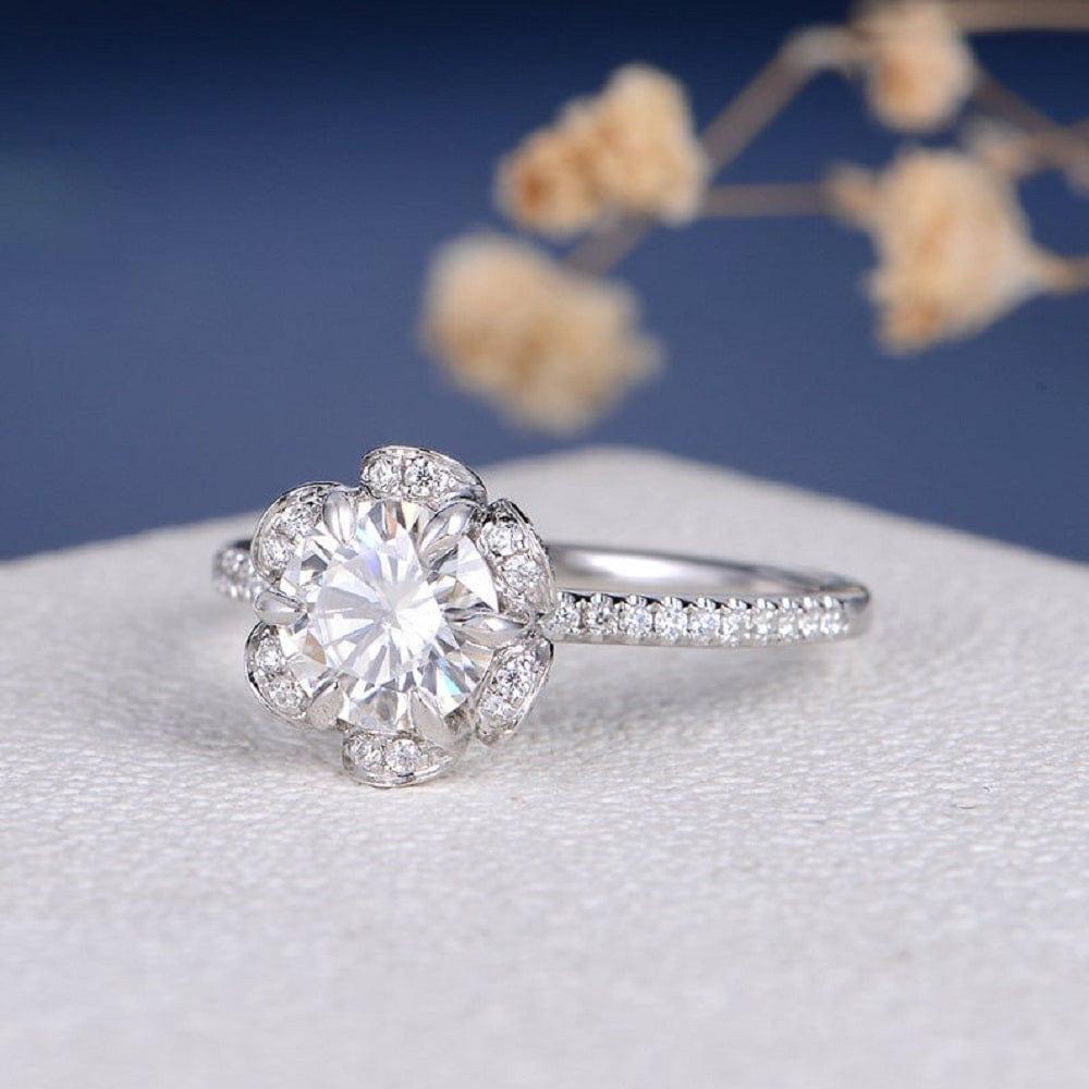 1.00Ct Round Cut Gold Unique Flower Halo Set Promise Moissanite Engagement Ring - JBR Jeweler