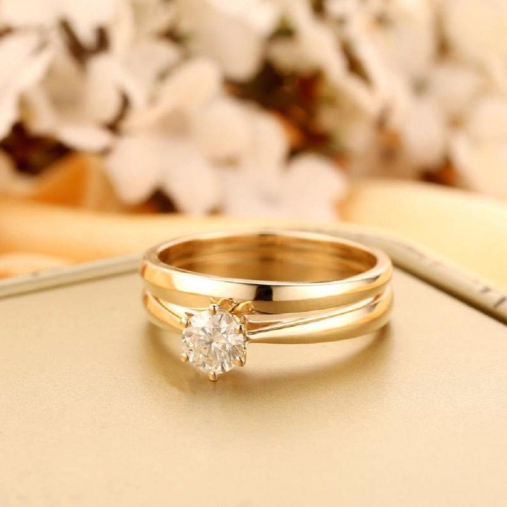 1.00CT Round Cut Knife Edge Sparkle Yellow Gold Solitaire Moissanite Ring - JBR Jeweler