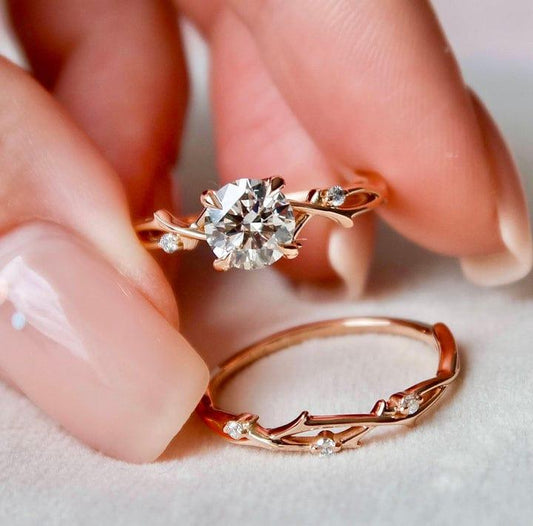 1.00CT Round Cut Lab Grown Diamond Branch Bridal Ring Set with Band (2PCS) - JBR Jeweler