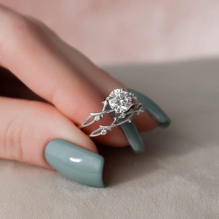 1.00CT Round Cut Lab Grown Diamond Branch Bridal Ring Set with Band (2PCS) - JBR Jeweler