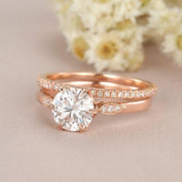 1.00CT Round Cut Rose Gold Bridal Moissanite Engagement Ring Stacking Band - JBR Jeweler