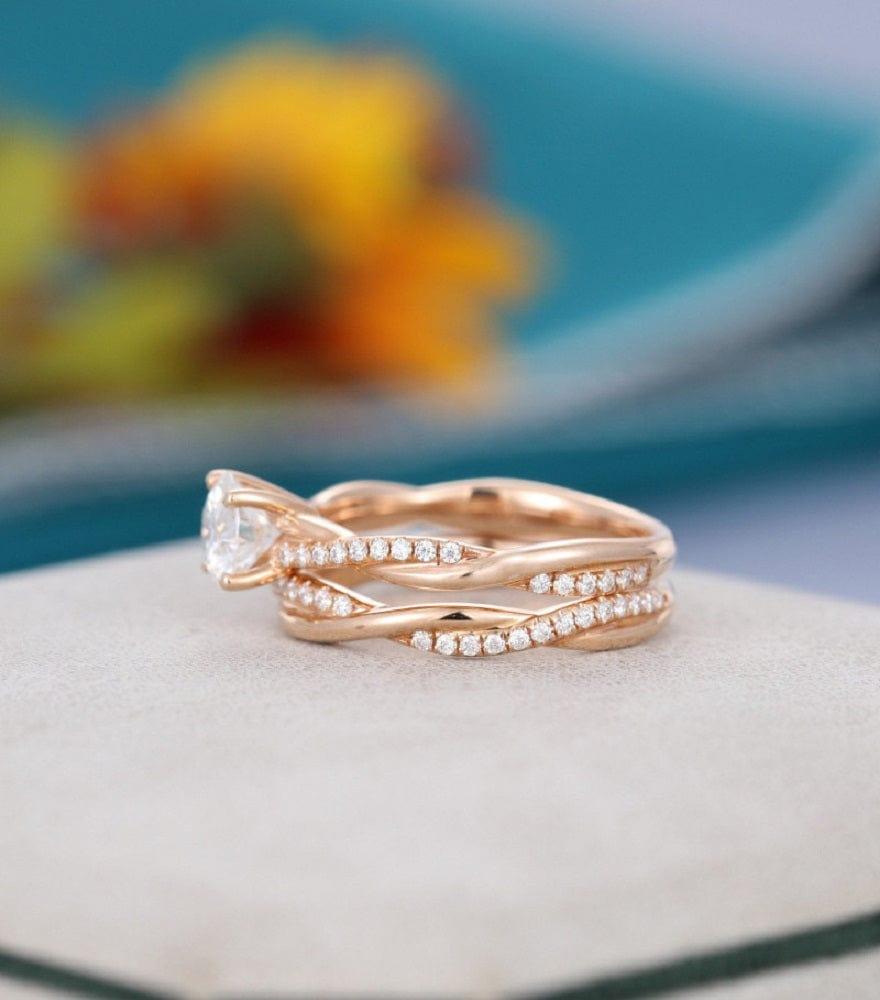1.00Ct Round Cut Rose gold Half eternity Twisted wedding Moissanite Engagement Ring Set - JBR Jeweler