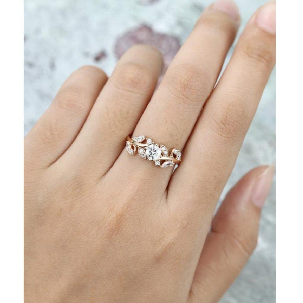 1.00CT Round Cut Rose Gold Leaf Pattern Moissanite Wedding Engagement Ring - JBR Jeweler