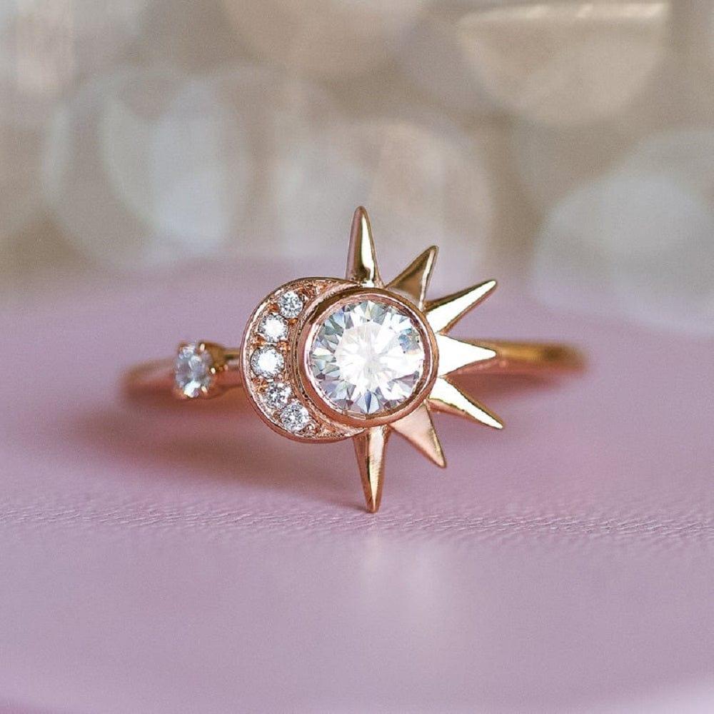 1.00CT Round Cut Unique Rose Gold Bridal Celestial Wedding Alternative Star Moissanite Engagement Ring - JBR Jeweler