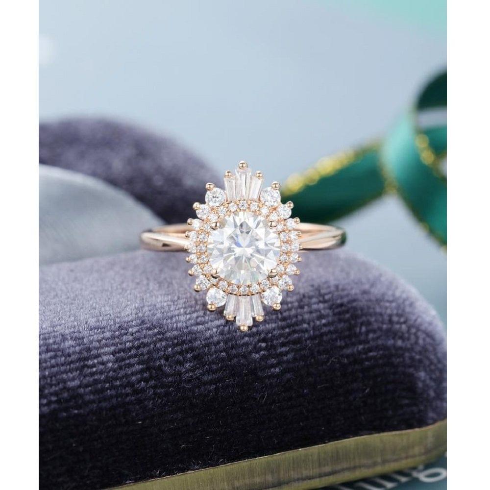 1.00CT Round Cut Vintage Halo Yellow Gold Baguette Moissanite Engagement Wedding Ring - JBR Jeweler