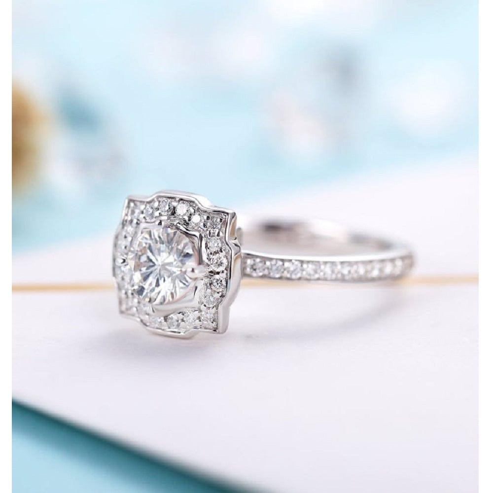1.00CT Round Cut White Gold Art Deco Halo Bridal Moissanite Engagement Ring - JBR Jeweler