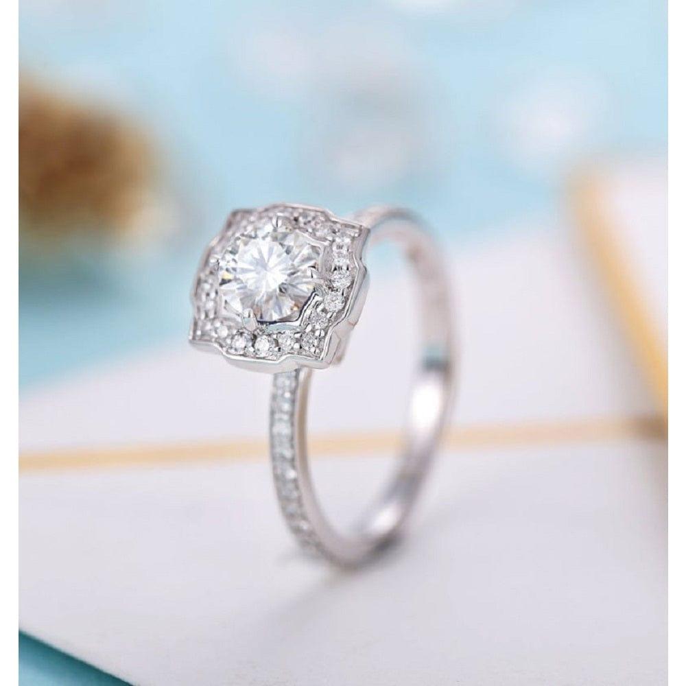 1.00CT Round Cut White Gold Art Deco Halo Bridal Moissanite Engagement Ring - JBR Jeweler
