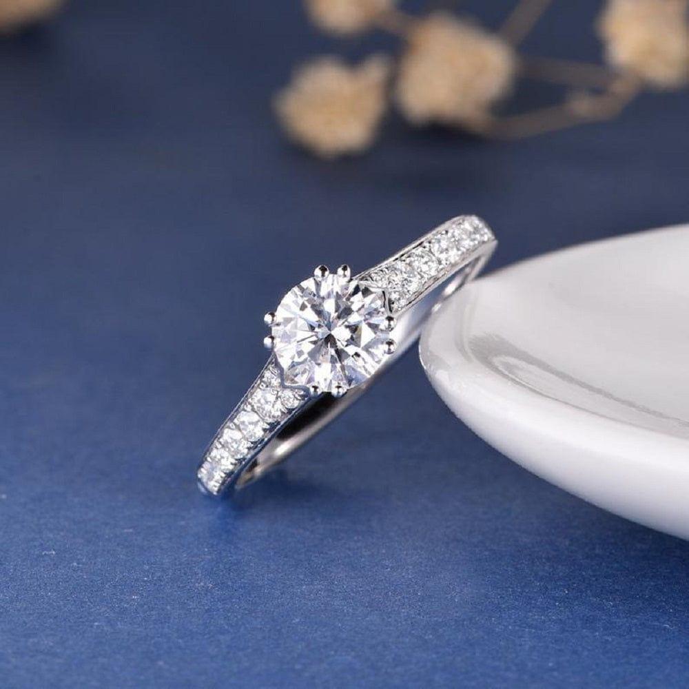 1.00CT Round Cut White Gold Double Prong Pave Set Moissanite Engagement Ring - JBR Jeweler