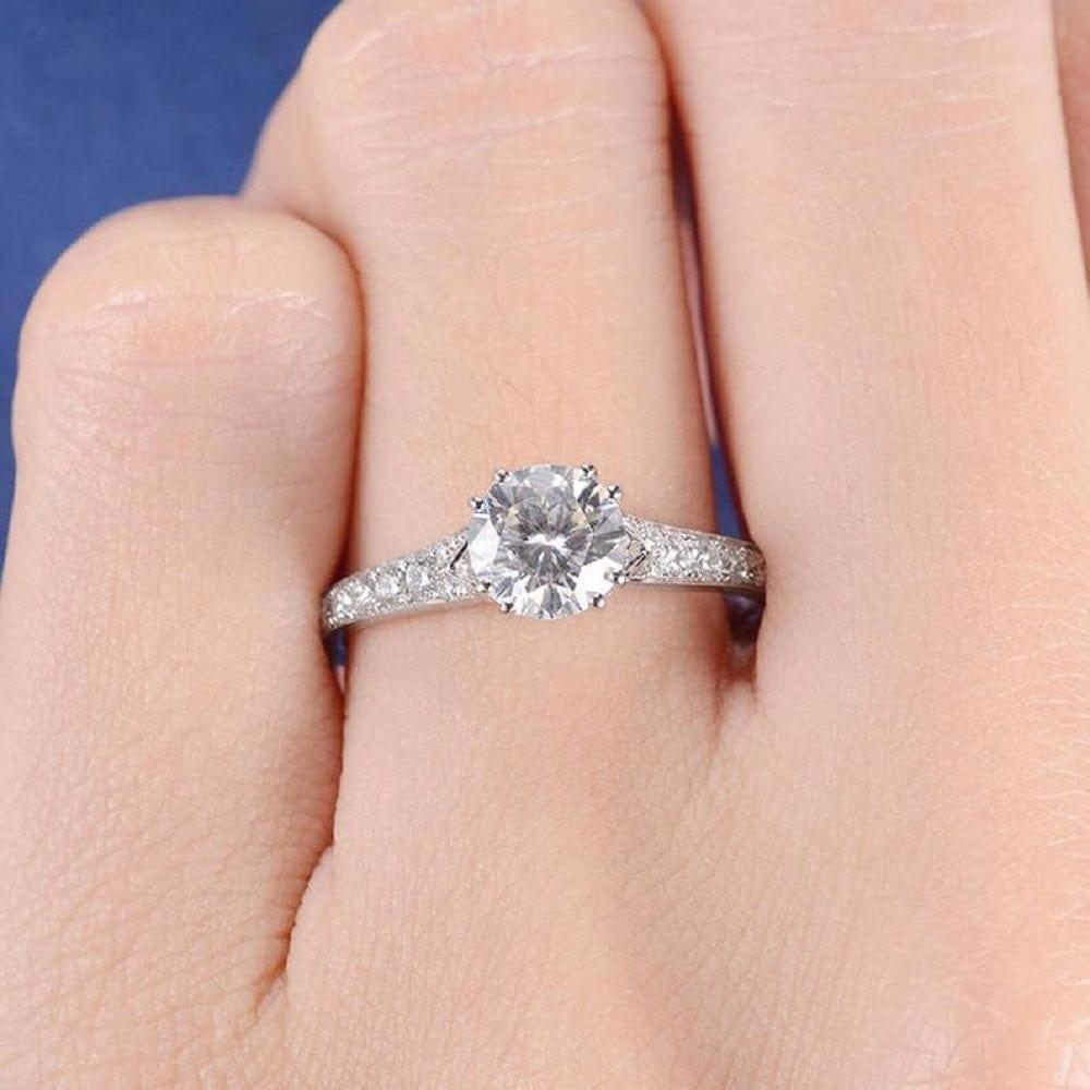 1.00CT Round Cut White Gold Double Prong Pave Set Moissanite Engagement Ring - JBR Jeweler