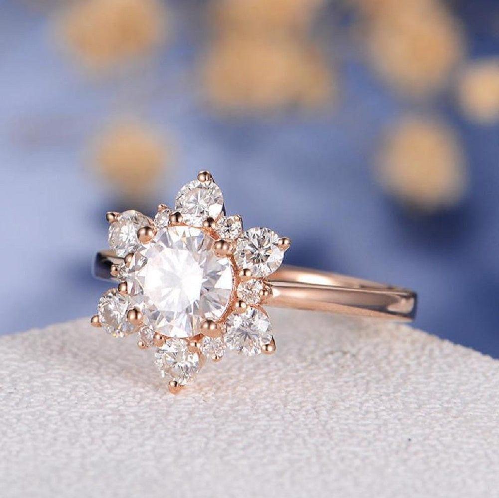 1.00CT Round Cut White Gold Halo Flower Snowflake Cluster Moissanite Engagement Ring - JBR Jeweler