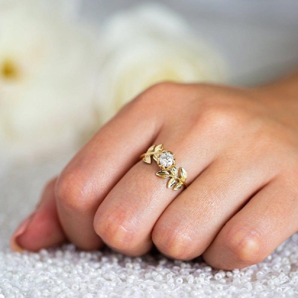 1.00CT Round Cut Yellow Gold Leaf Flower Wedding Leaves Twig Moissanite Engagement Ring - JBR Jeweler