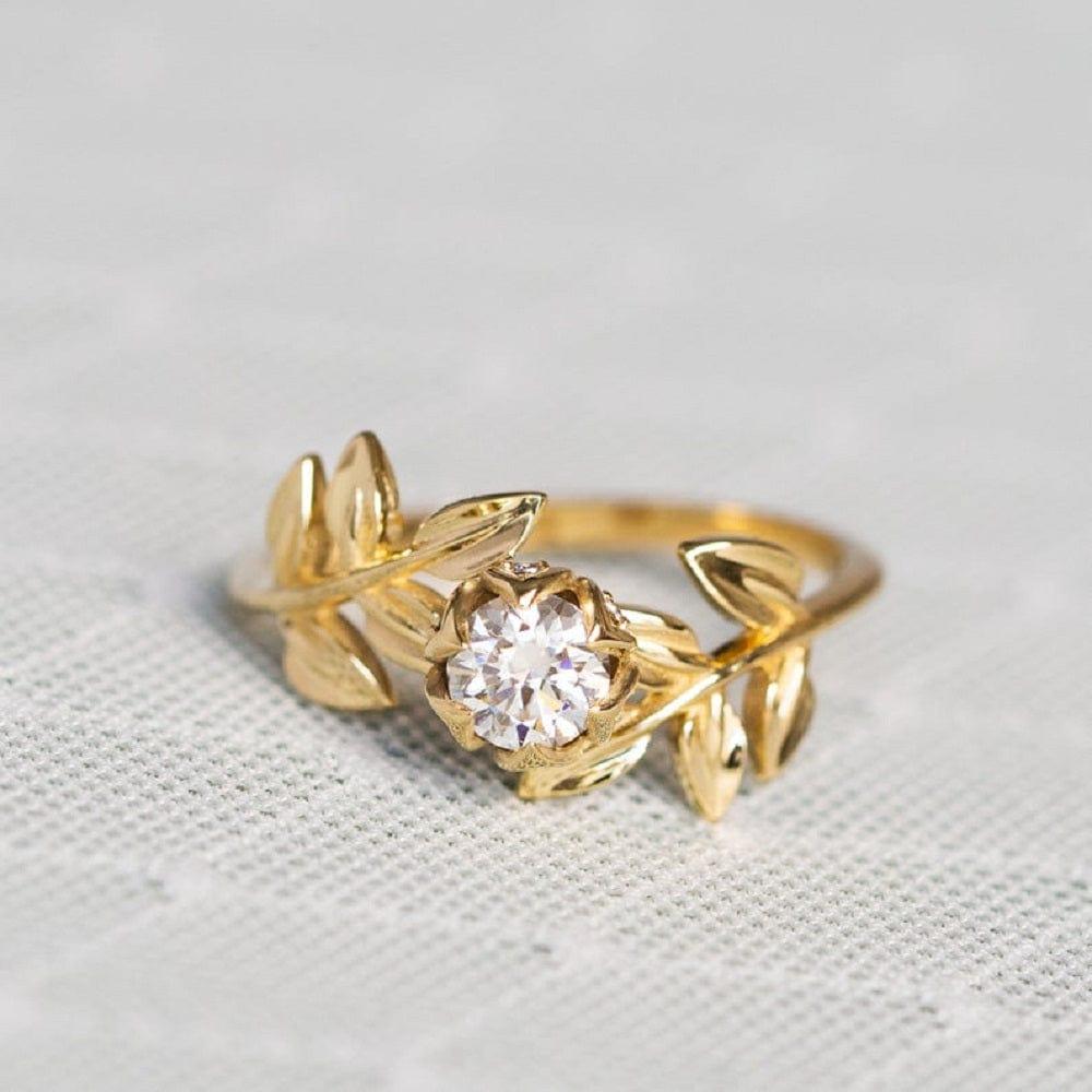 1.00CT Round Cut Yellow Gold Leaf Flower Wedding Leaves Twig Moissanite Engagement Ring - JBR Jeweler