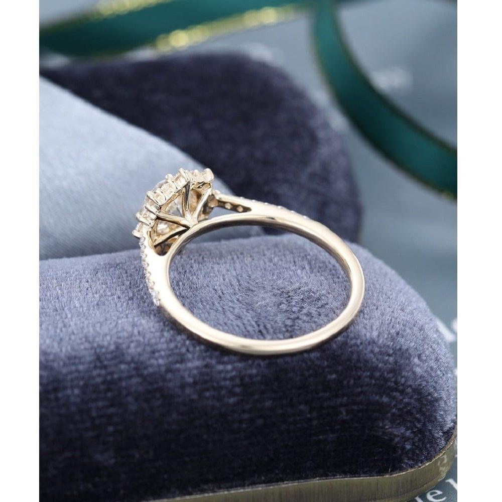1.00CT Round Cut Yellow Gold Unique Halo Anniversary Moissanite Engagement Ring - JBR Jeweler