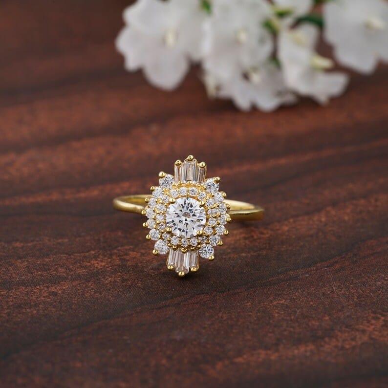 1.00CT Round Shaped Floral Baguette Halo Moissanite Engagement Ring - JBR Jeweler