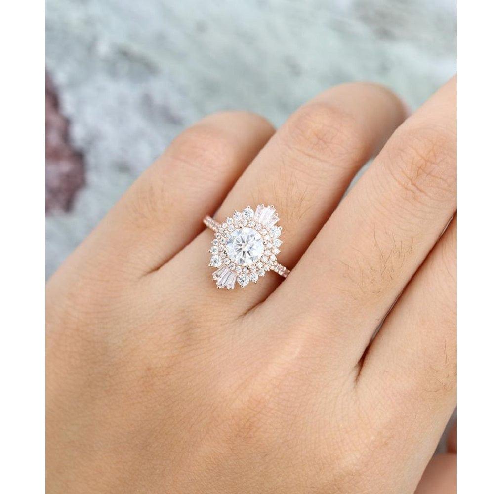 1.00CT Unique Halo Gold Baguette Round Cut Diamond Moissanite Engagement Ring - JBR Jeweler