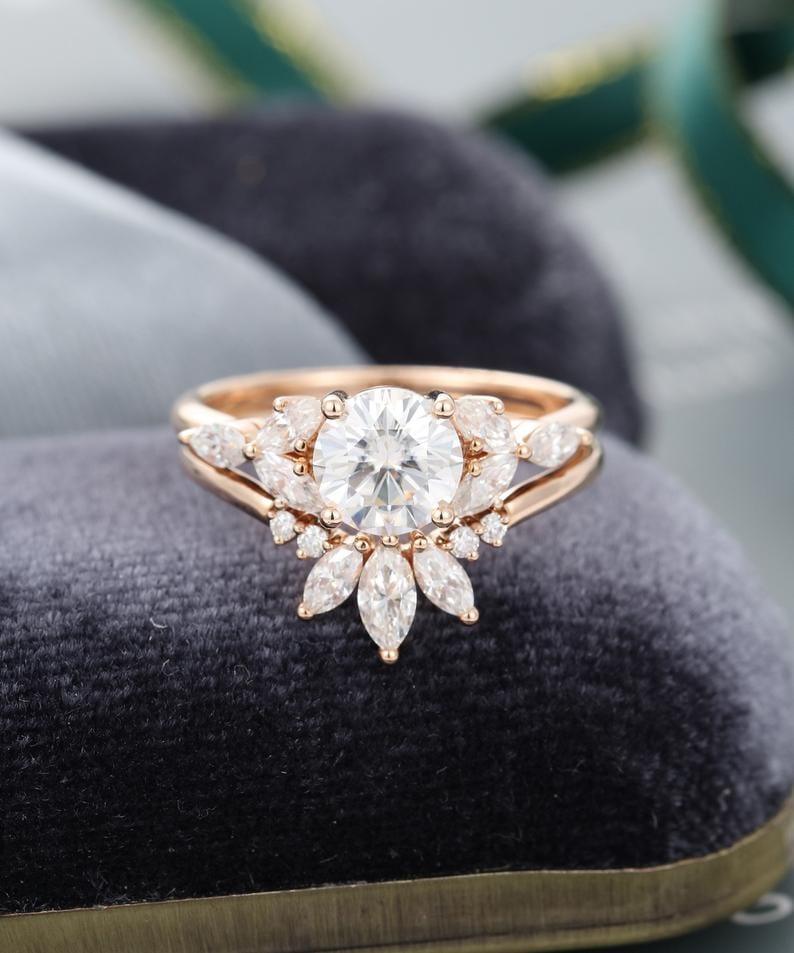 1.0CT 2PCS Rose Gold Cluster Marquise Cut Bridal Promise Moissanite Engagement Ring - JBR Jeweler