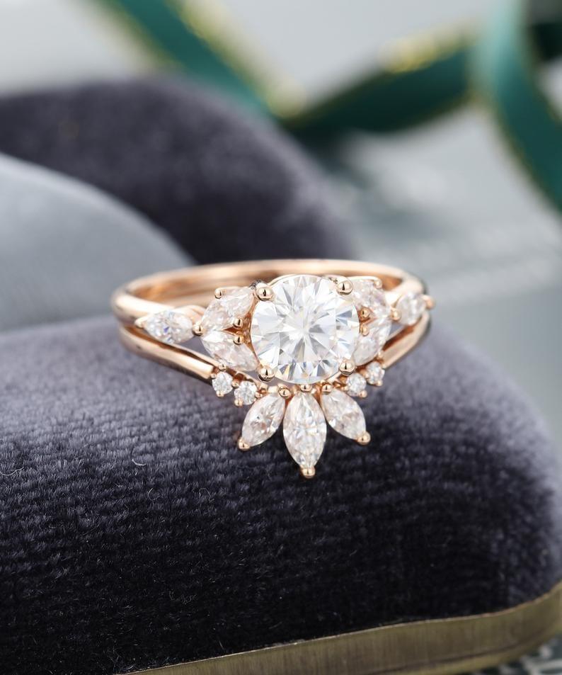 1.0CT 2PCS Rose Gold Cluster Marquise Cut Bridal Promise Moissanite Engagement Ring - JBR Jeweler