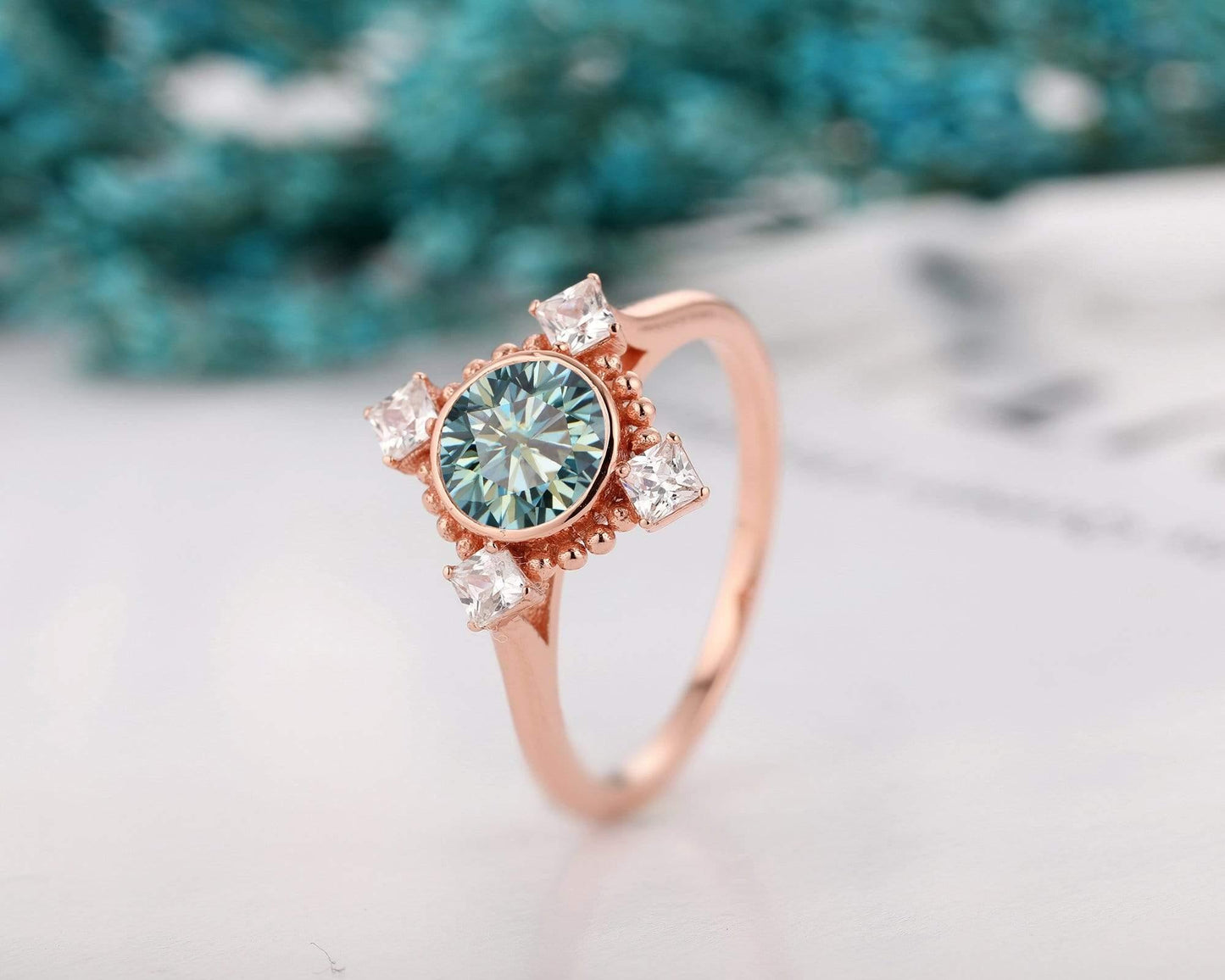 1.0CT Brilliant Round Cut Blue Green Moissanite Engagement Ring - JBR Jeweler