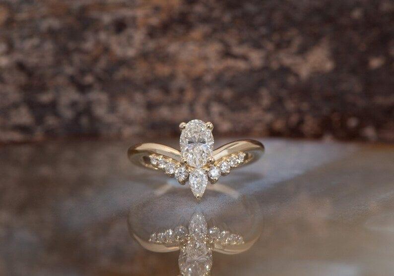 1.0CT Oval Diamond Cluster Chevron Moissanite Wedding Engagement Ring - JBR Jeweler