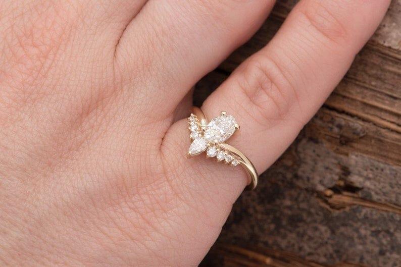 1.0CT Oval Diamond Cluster Chevron Moissanite Wedding Engagement Ring - JBR Jeweler