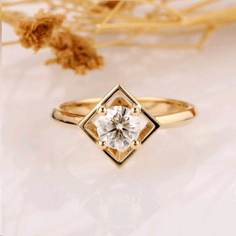 1.0CT Round Cut Brilliant Moissanite Solitaire Yellow Gold Wedding Anniversary Ring - JBR Jeweler