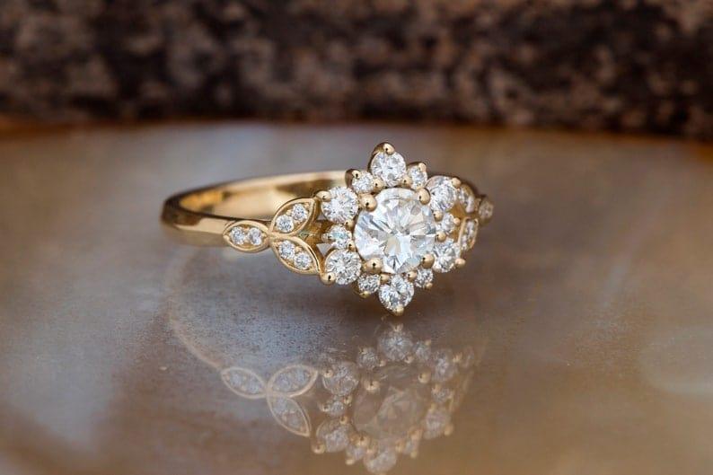 1.0CT Round Shaped Diamond Floral Halo Moissanite Engagement Ring - JBR Jeweler