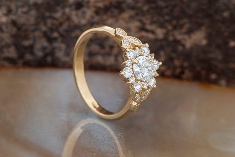 1.0CT Round Shaped Diamond Floral Halo Moissanite Engagement Ring - JBR Jeweler