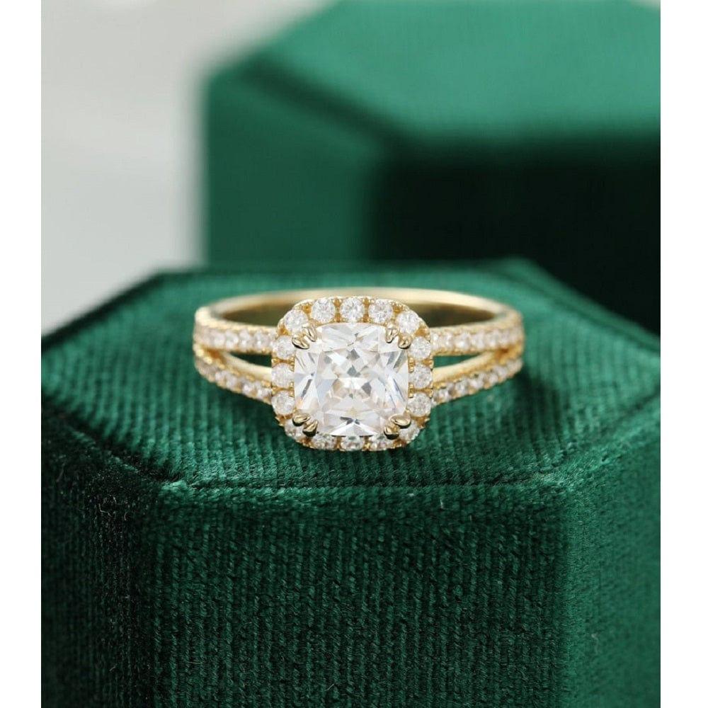 1.10CT Cushion Cut Yellow Gold Halo Half Eternity Split Shank Wedding Moissanite Engagement Ring - JBR Jeweler