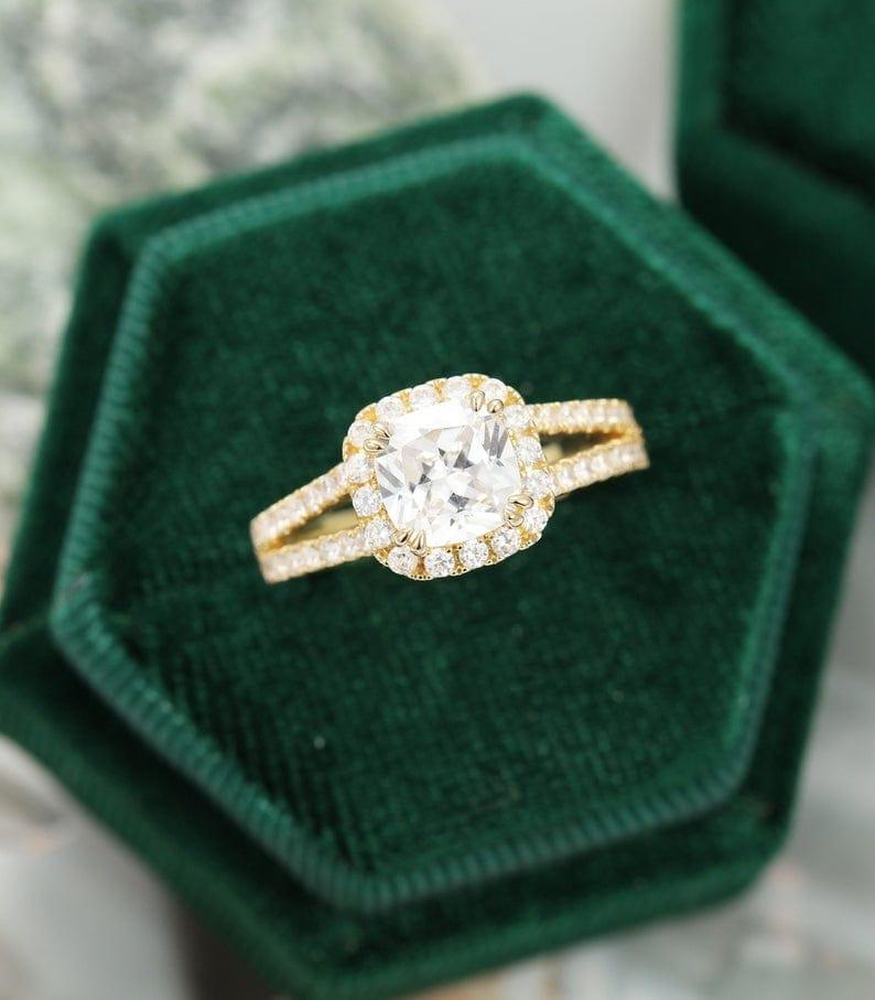 1.10CT Cushion Cut Yellow Gold Halo Half Eternity Split Shank Wedding Moissanite Engagement Ring - JBR Jeweler