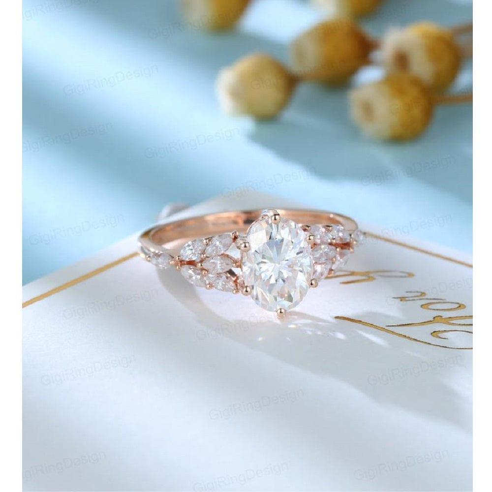 1.10CT Oval cut Rose Gold Cluster Unique Marquise Bridal Moissanite Engagement Ring - JBR Jeweler